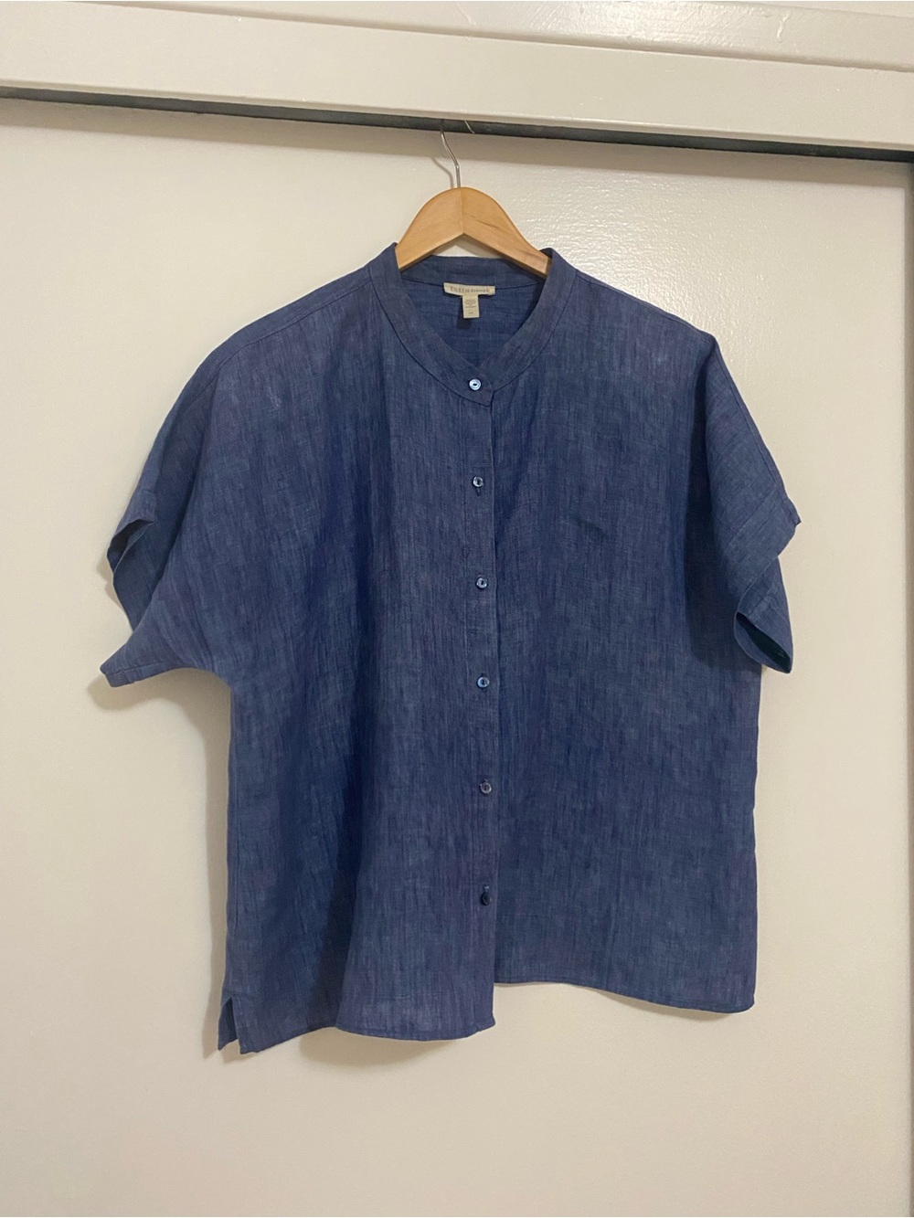 Eileen Fisher Washed 100% Organic Linen Delave Band Collar Shirt In Stone - Picture 9 of 15